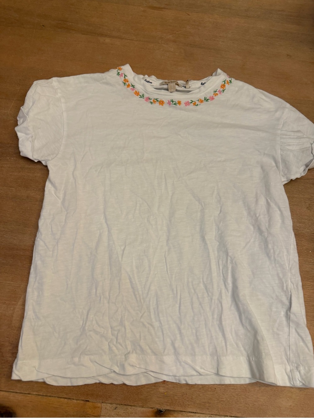 Barbour White Short Sleeve Tee with Floral Neck Embroidery